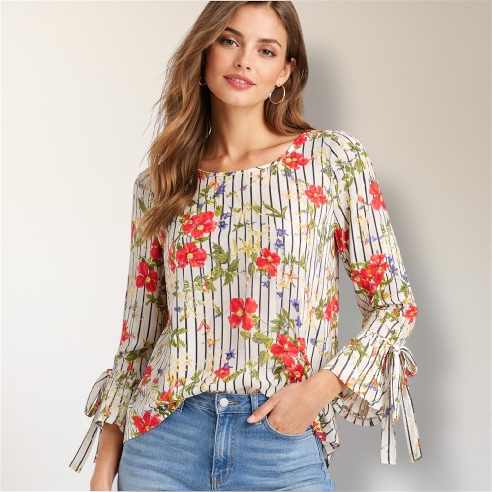 Rose + Olive L Cream Floral Stripe Bell Tie Sleeve Boho Blouse Tropical Vacation